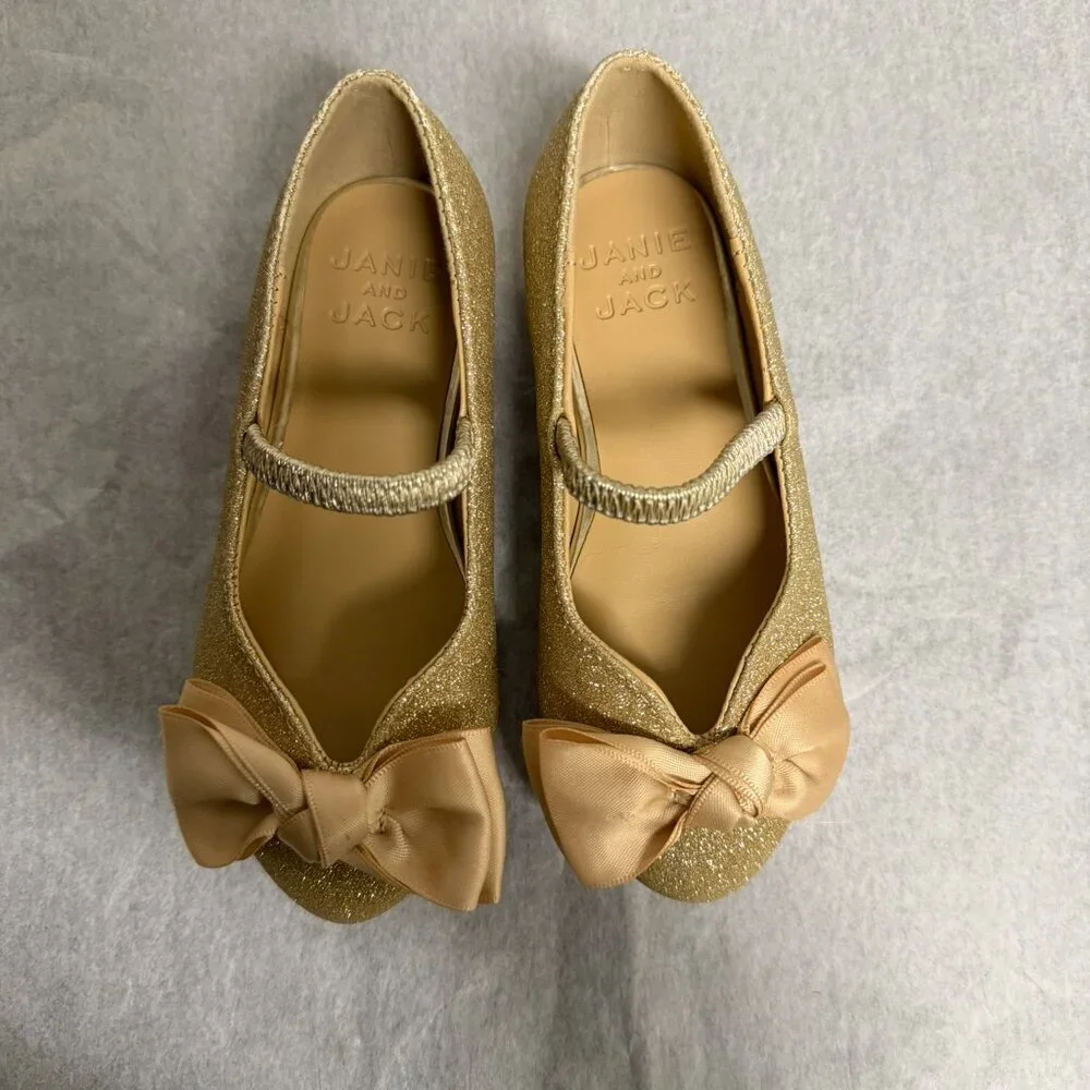 Janie and Jack Gold Sparkle Bow Ballet Flat Shoe Little Girls Toddler 7 Fancy